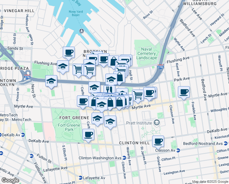 map of restaurants, bars, coffee shops, grocery stores, and more near 86 Clinton Avenue in Brooklyn