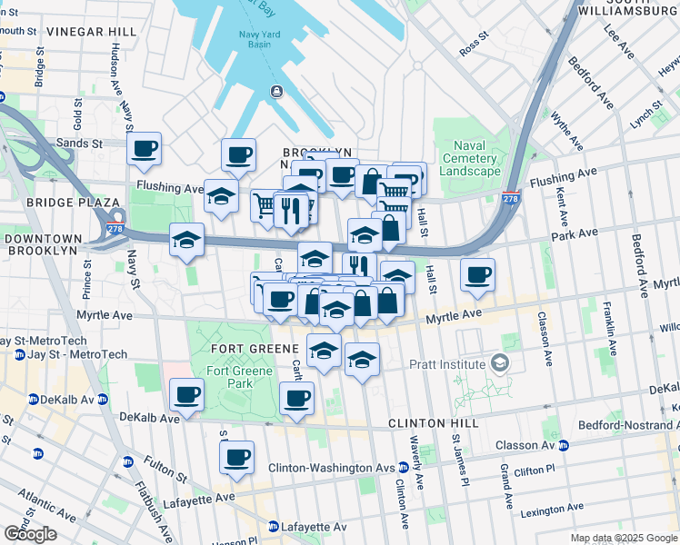 map of restaurants, bars, coffee shops, grocery stores, and more near 89 Clermont Avenue in Brooklyn
