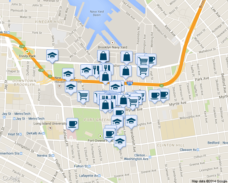 map of restaurants, bars, coffee shops, grocery stores, and more near 94 Adelphi Street in Brooklyn