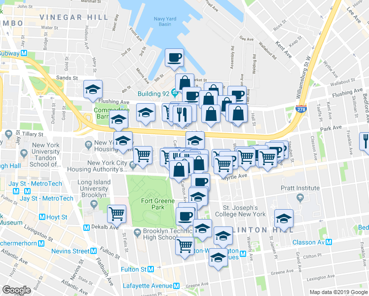 map of restaurants, bars, coffee shops, grocery stores, and more near 94 Adelphi Street in Brooklyn