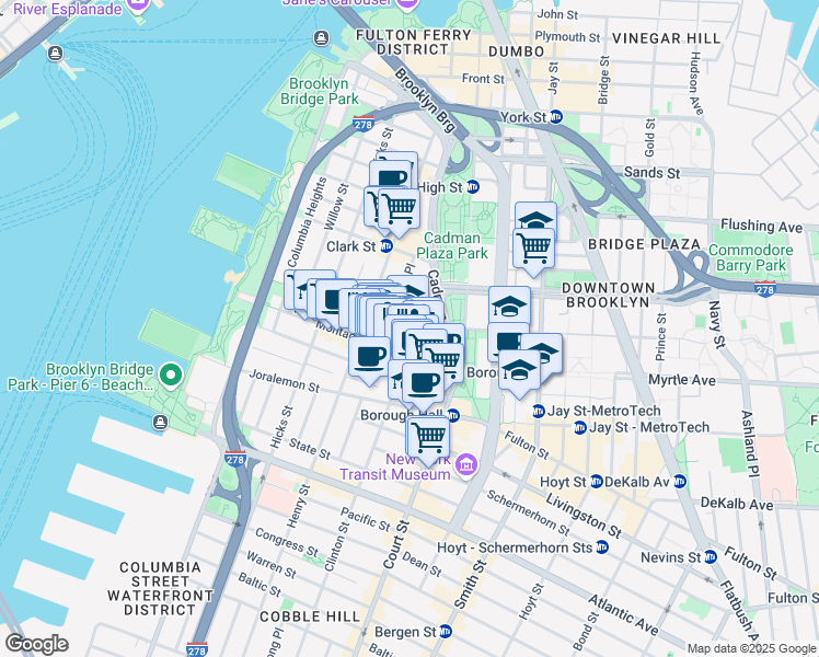 map of restaurants, bars, coffee shops, grocery stores, and more near 134 Pierrepont Street in Brooklyn