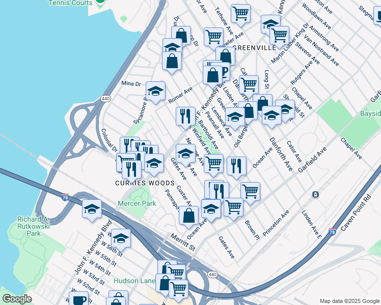 map of restaurants, bars, coffee shops, grocery stores, and more near 213 Seaview Avenue in Jersey City
