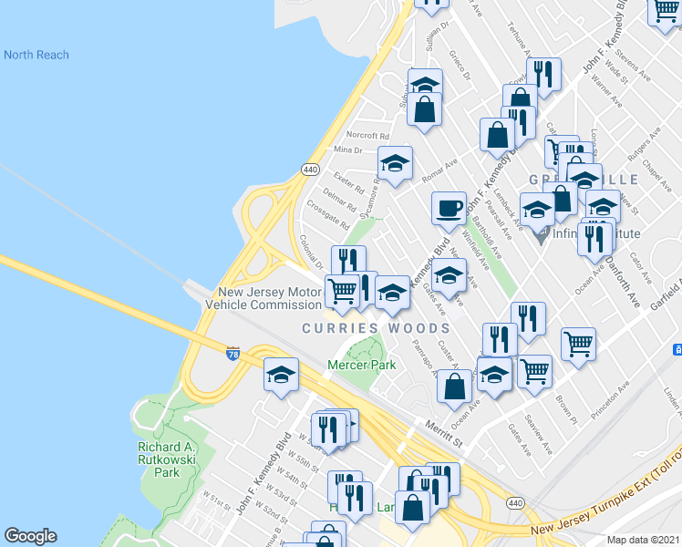 map of restaurants, bars, coffee shops, grocery stores, and more near 14 Sycamore Road in Bayonne