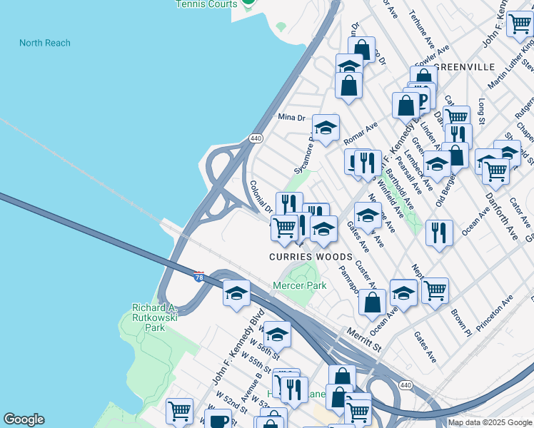 map of restaurants, bars, coffee shops, grocery stores, and more near 9 Colonial Drive in Bayonne