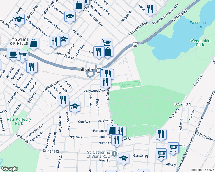 map of restaurants, bars, coffee shops, grocery stores, and more near in Hillside