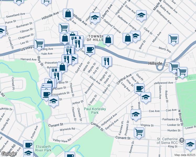 map of restaurants, bars, coffee shops, grocery stores, and more near in Hillside