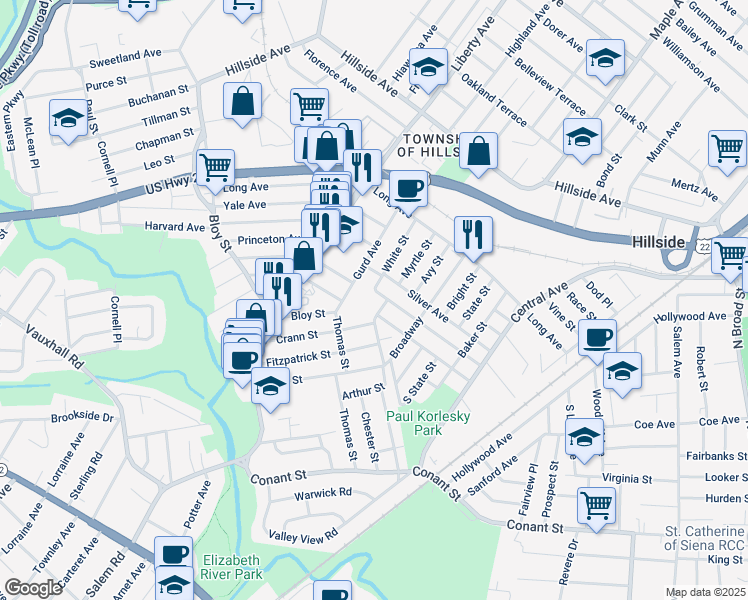 map of restaurants, bars, coffee shops, grocery stores, and more near 232 Boston Avenue in Hillside