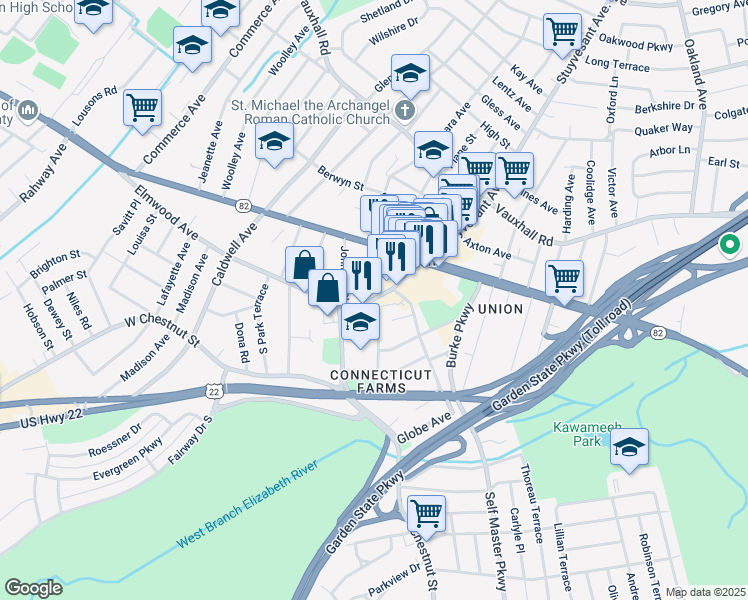 map of restaurants, bars, coffee shops, grocery stores, and more near 930 Stuyvesant Avenue in Union
