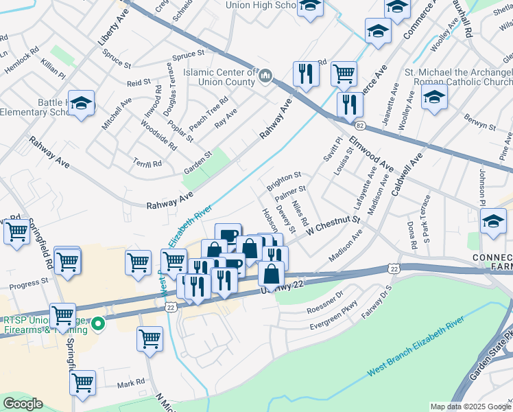 map of restaurants, bars, coffee shops, grocery stores, and more near 876 Hobson Street in Union