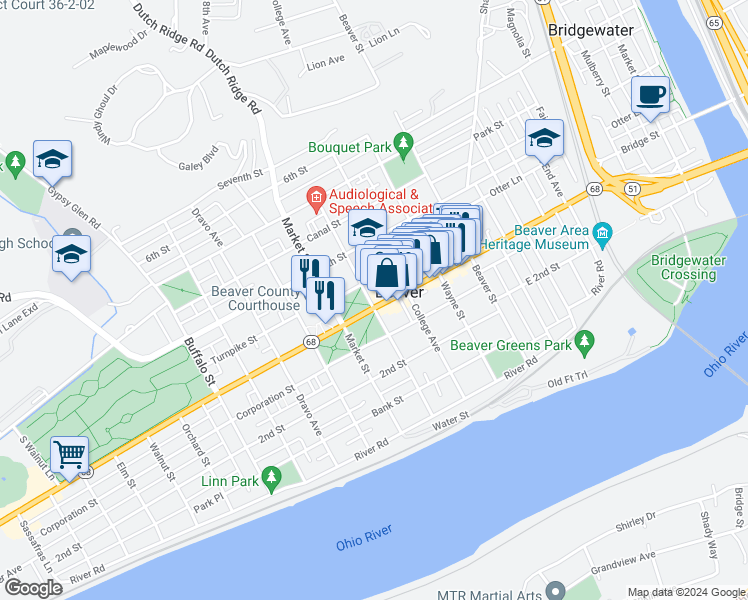 map of restaurants, bars, coffee shops, grocery stores, and more near in Beaver