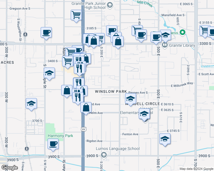 map of restaurants, bars, coffee shops, grocery stores, and more near 223 Winslow Avenue in Salt Lake City