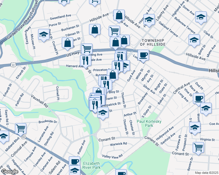 map of restaurants, bars, coffee shops, grocery stores, and more near 1201B Liberty Avenue in Hillside