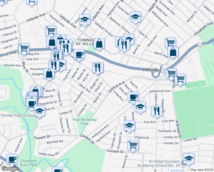 map of restaurants, bars, coffee shops, grocery stores, and more near 124 Long Avenue in Hillside