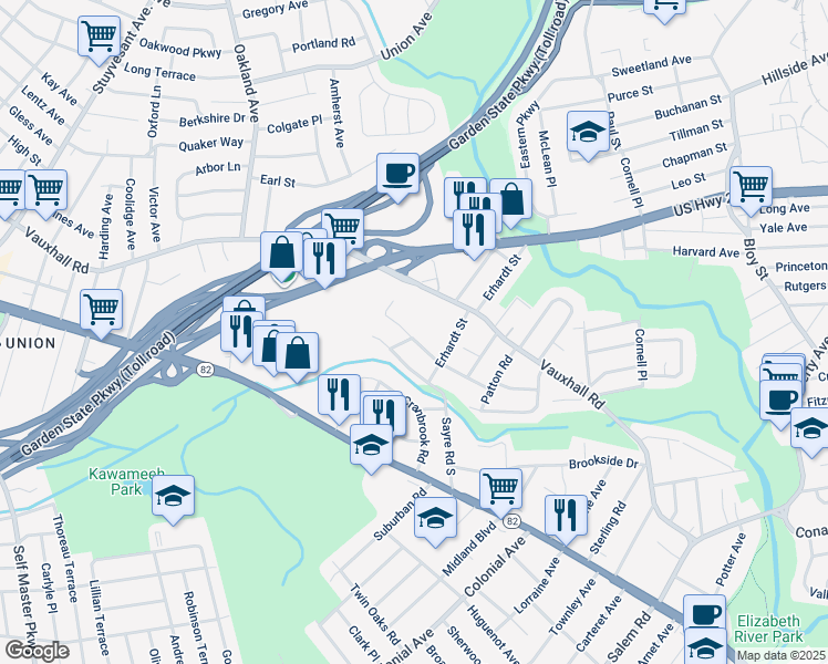 map of restaurants, bars, coffee shops, grocery stores, and more near 1133 Reeves Terrace in Union