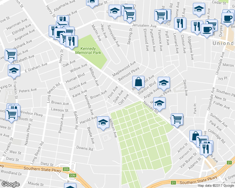 map of restaurants, bars, coffee shops, grocery stores, and more near 33 Dale Avenue in Hempstead