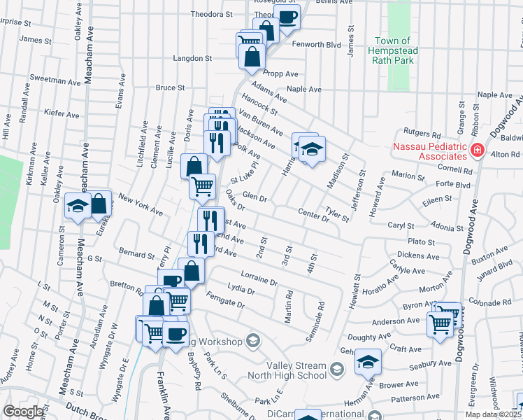 map of restaurants, bars, coffee shops, grocery stores, and more near 1000 Oaks Drive in Franklin Square