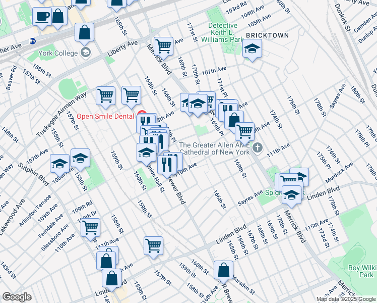 map of restaurants, bars, coffee shops, grocery stores, and more near 109-20 164th Place in Queens