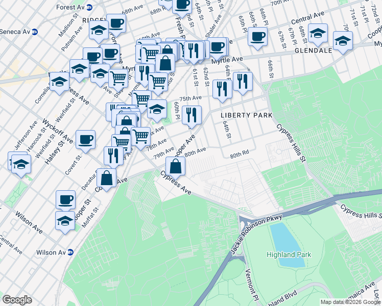 map of restaurants, bars, coffee shops, grocery stores, and more near 60-28 80th Avenue in Queens