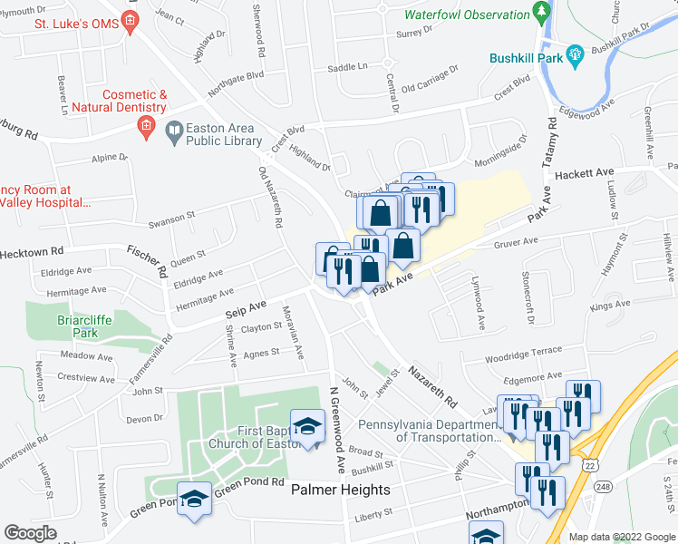 map of restaurants, bars, coffee shops, grocery stores, and more near 11 Maplecroft Avenue in Easton