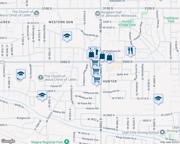 map of restaurants, bars, coffee shops, grocery stores, and more near 7237 West 3500 South in Magna