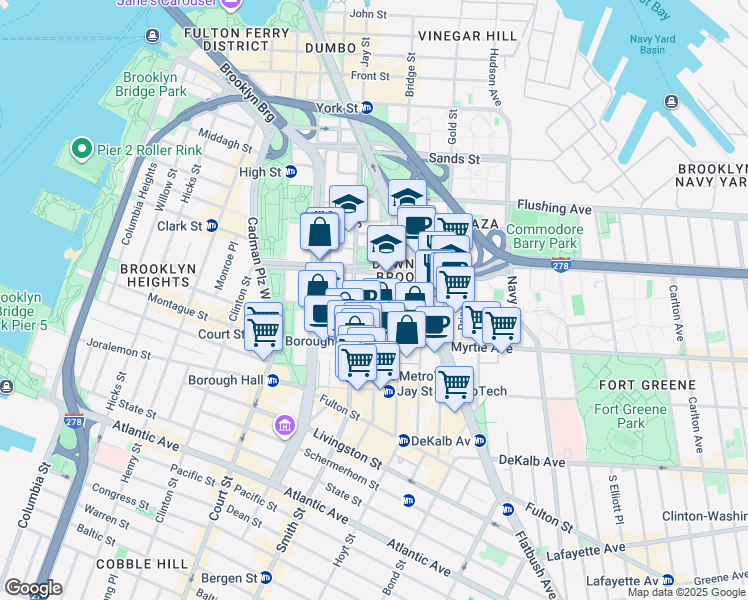 map of restaurants, bars, coffee shops, grocery stores, and more near 101 Johnson Street in Brooklyn
