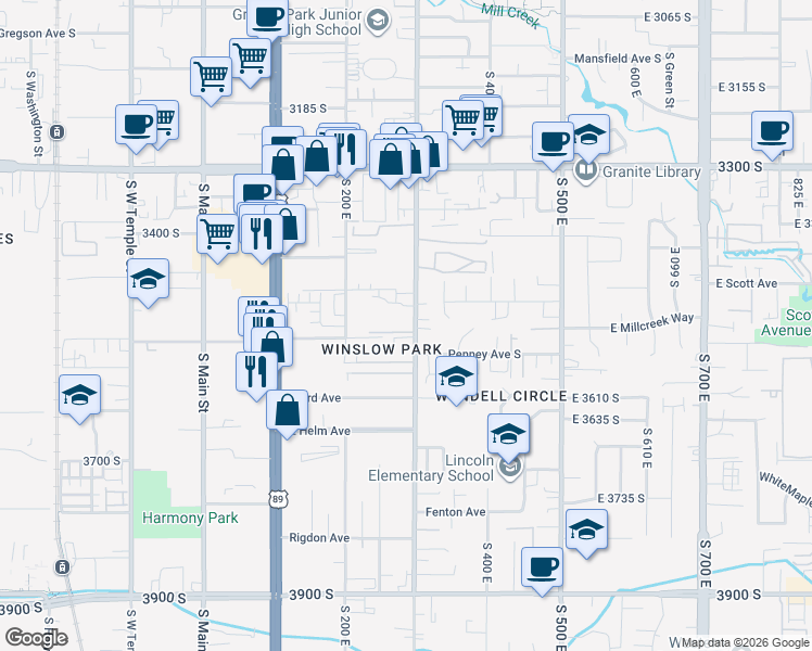 map of restaurants, bars, coffee shops, grocery stores, and more near 3514 South 300 East in South Salt Lake