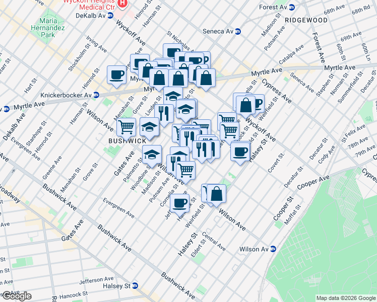 map of restaurants, bars, coffee shops, grocery stores, and more near Putnam Ave & Knickerbocker Ave in Brooklyn