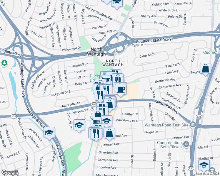 map of restaurants, bars, coffee shops, grocery stores, and more near 1143 Wantagh Avenue in North Wantagh