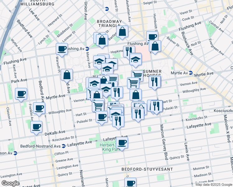 map of restaurants, bars, coffee shops, grocery stores, and more near 131 Tompkins Avenue in Brooklyn