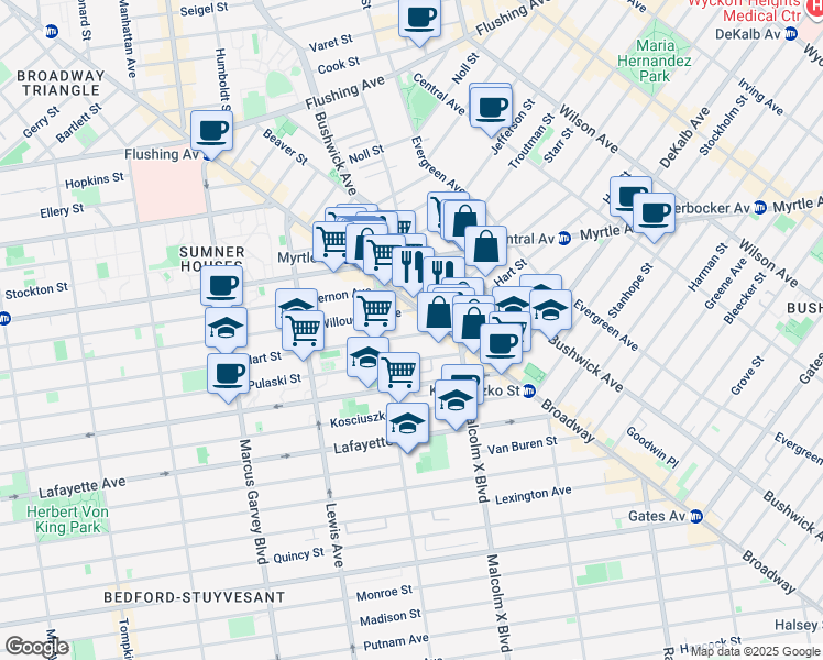 map of restaurants, bars, coffee shops, grocery stores, and more near 415 Hart Street in Brooklyn