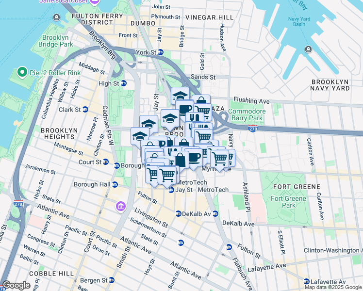 map of restaurants, bars, coffee shops, grocery stores, and more near 11 MetroTech Center in Brooklyn