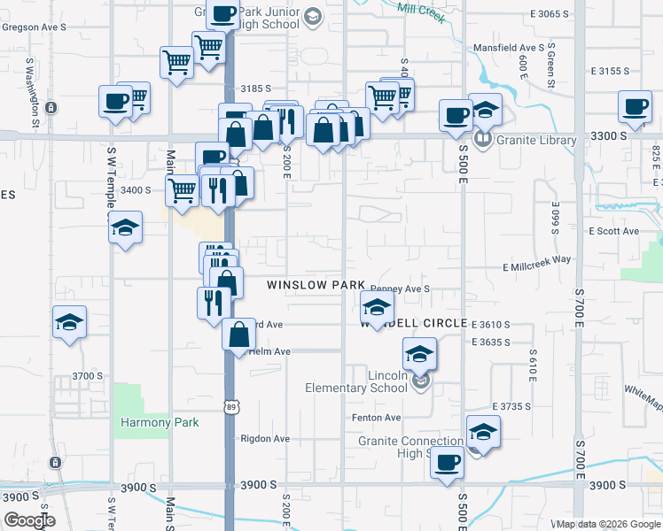 map of restaurants, bars, coffee shops, grocery stores, and more near 3510 South 300 East in South Salt Lake
