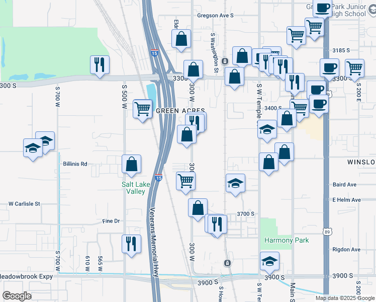 map of restaurants, bars, coffee shops, grocery stores, and more near 3510 South 300 West in South Salt Lake