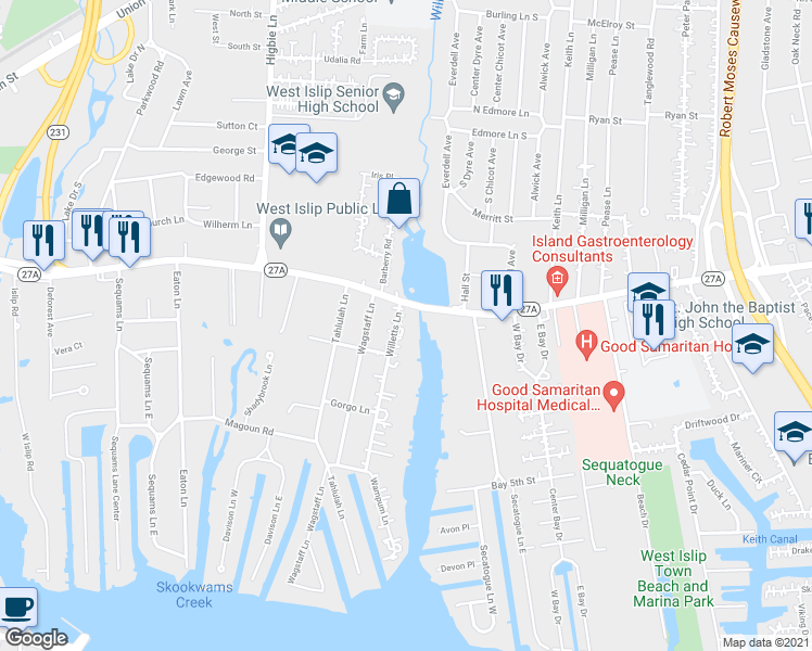 map of restaurants, bars, coffee shops, grocery stores, and more near 295 Willetts Lane in West Islip