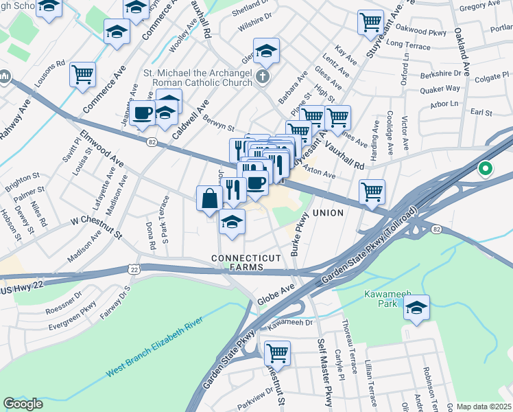 map of restaurants, bars, coffee shops, grocery stores, and more near 945 Stuyvesant Avenue in Union