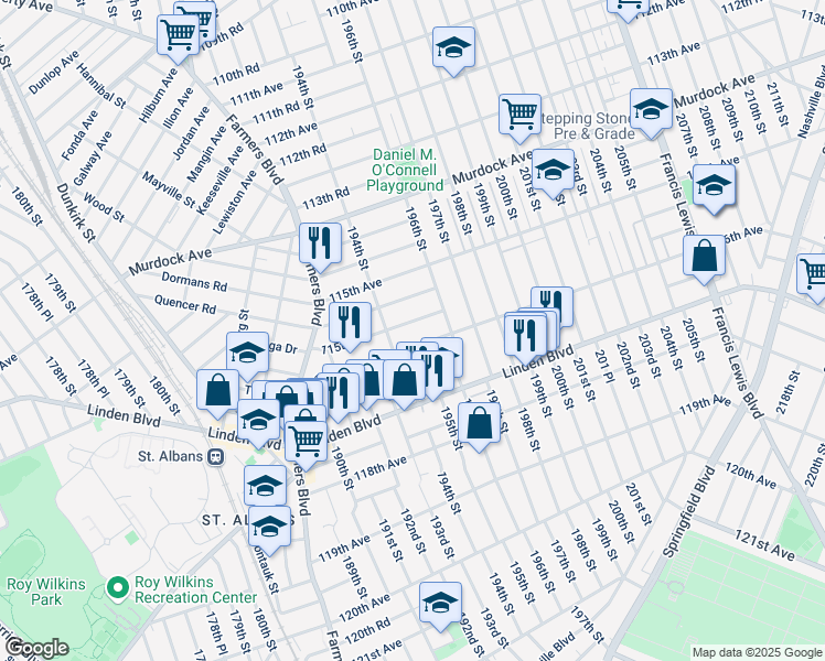 map of restaurants, bars, coffee shops, grocery stores, and more near 194-30 115th Drive in Queens