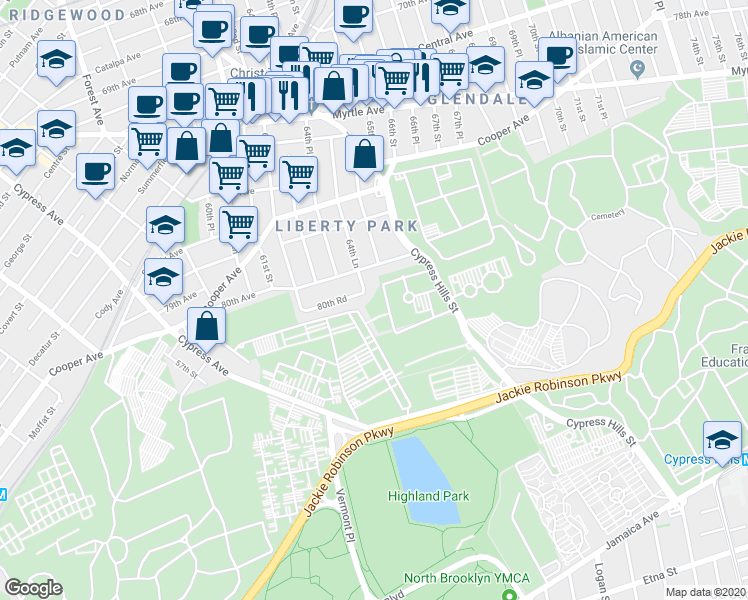 map of restaurants, bars, coffee shops, grocery stores, and more near 80-27 64th Lane in Queens