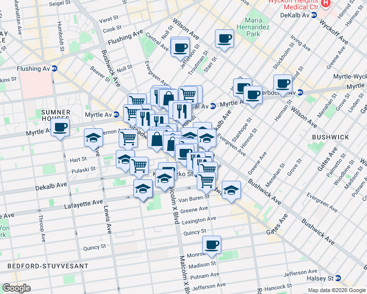 map of restaurants, bars, coffee shops, grocery stores, and more near 16 Lawton Street in Brooklyn
