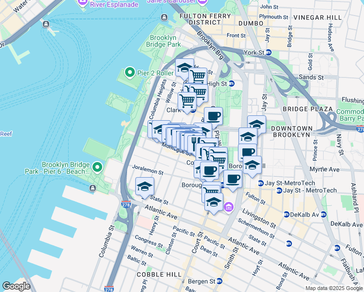 map of restaurants, bars, coffee shops, grocery stores, and more near 182 Henry Street (at Montague Street) in Brooklyn