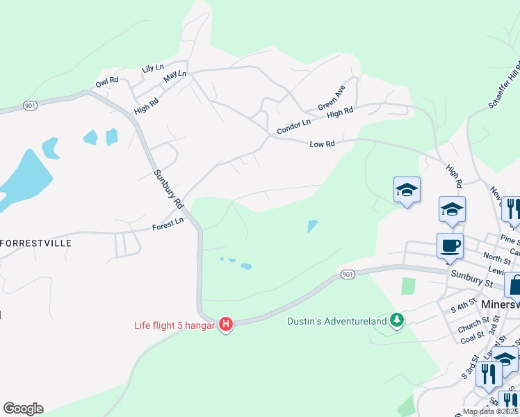 map of restaurants, bars, coffee shops, grocery stores, and more near 46 Hilltop Terrace in Pottsville