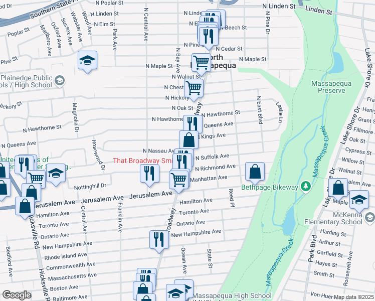 map of restaurants, bars, coffee shops, grocery stores, and more near North Broadway & North Nassau Avenue in Massapequa