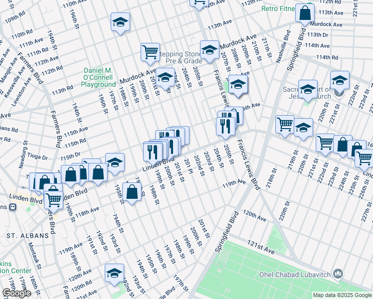 map of restaurants, bars, coffee shops, grocery stores, and more near 11646 202nd Street in Queens