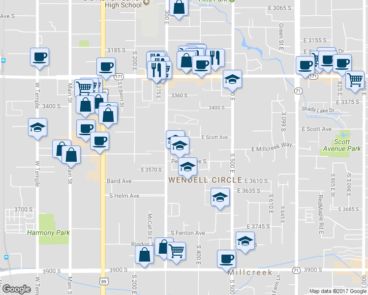 map of restaurants, bars, coffee shops, grocery stores, and more near 3515 South Blair Circle in South Salt Lake