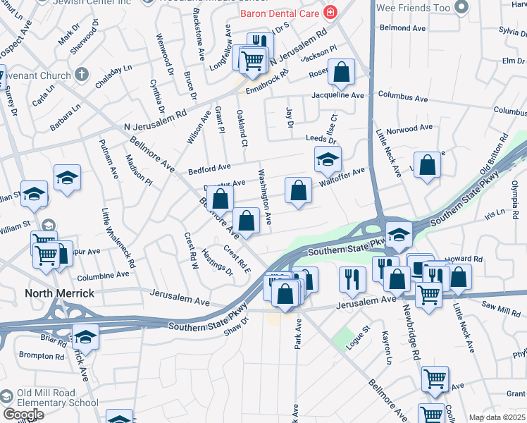 map of restaurants, bars, coffee shops, grocery stores, and more near 1060 Washington Avenue in North Bellmore