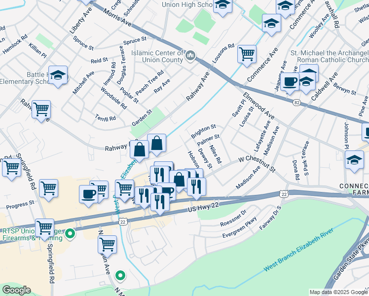 map of restaurants, bars, coffee shops, grocery stores, and more near 876 Hobson Street in Union