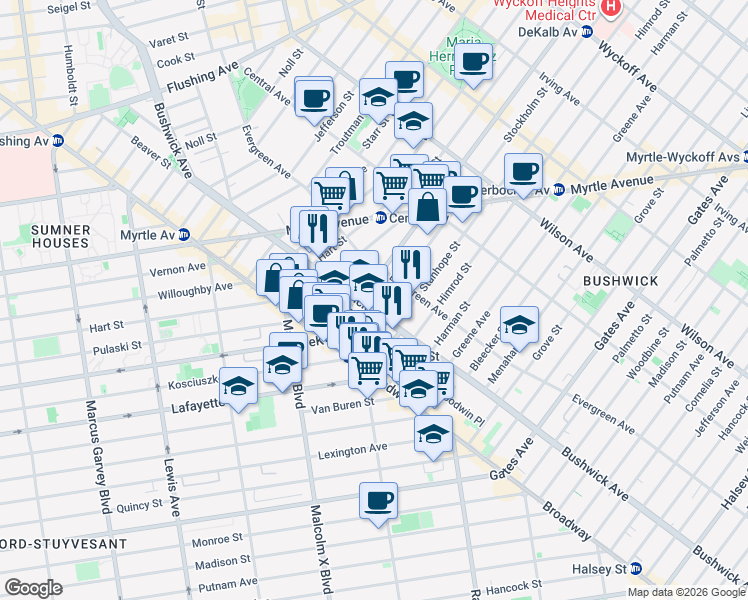 map of restaurants, bars, coffee shops, grocery stores, and more near 797 Bushwick Avenue in Brooklyn
