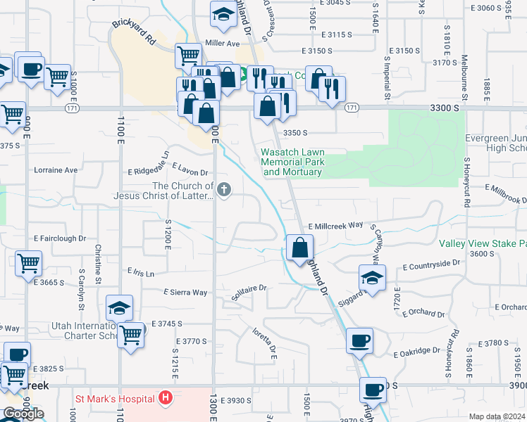 map of restaurants, bars, coffee shops, grocery stores, and more near 1399 East Luck Spring Drive in Millcreek