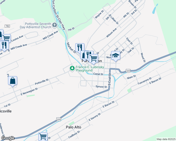 map of restaurants, bars, coffee shops, grocery stores, and more near 233 Pike Street in Port Carbon