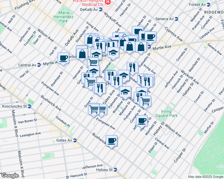 map of restaurants, bars, coffee shops, grocery stores, and more near 1329 Gates Avenue in Brooklyn