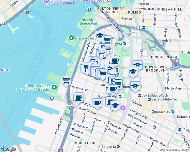 map of restaurants, bars, coffee shops, grocery stores, and more near 117 Montague Street in Brooklyn